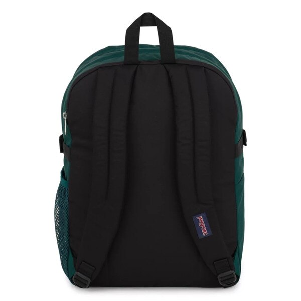 The back of the backpack with two adjustable shoulder straps and a top strap for holding.